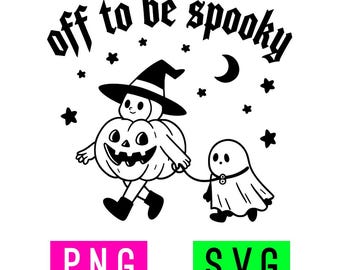 Off To Be Spooky Vintage Pumpkin Witch Walking Ghost (black/white) PNG + SVG | ArtPush