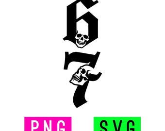May include: A black graphic design featuring the number 67 in a gothic font style. The number 6 contains a skull illustration, and the number 7 features a skull profile. Below the graphic are two rectangular labels with the text PNG and SVG.