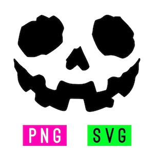 May include: A black graphic illustration of a jack-o'-lantern face with two jagged eyes, a triangular nose, and a wide, toothy grin. Below the graphic are two rectangular labels, one pink with the white text PNG and one green with the white text SVG.