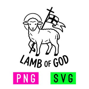 Könnte beinhalten: Schwarz-Weiß-Illustration eines Lammes, das eine Flagge mit einem Kreuz hält, mit einem Heiligenschein. Der Text "LAMB OF GOD" steht unter dem Lamm. Das Bild enthält auch den Text "PNG" in einem rosa Rechteck und "SVG" in einem grünen Rechteck.