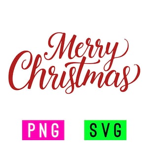 May include: Red cursive text that reads "Merry Christmas" on a white background. Below the text are two colored rectangles, one pink with "PNG" and one green with "SVG".