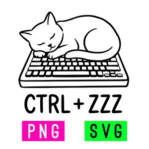 Könnte beinhalten: Schwarz-weiße Illustration einer Katze, die auf einer Tastatur schläft. Unter der Tastatur steht der Text "CTRL + ZZZ", mit "PNG" in einem rosa Rechteck und "SVG" in einem grünen Rechteck.