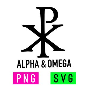 Könnte beinhalten: Schwarzes Chi-Rho-Symbol mit den Worten "ALPHA & OMEGA" in fetter, serifenloser Schrift. Darunter zwei rechteckige Blöcke, einer pinkfarben mit "PNG" und der andere grün mit "SVG". Auf weißem Hintergrund.
