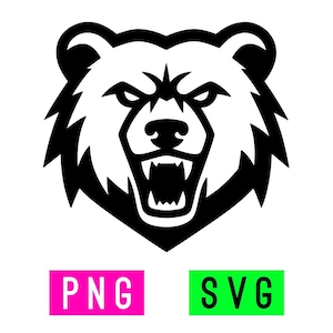 Puede incluir: Una ilustración gráfica en blanco y negro de una cabeza de oso gruñendo con dientes afilados y orejas puntiagudas. Debajo de la cabeza del oso hay dos etiquetas rectangulares, una rosa con el texto blanco PNG y una verde con el texto blanco SVG.