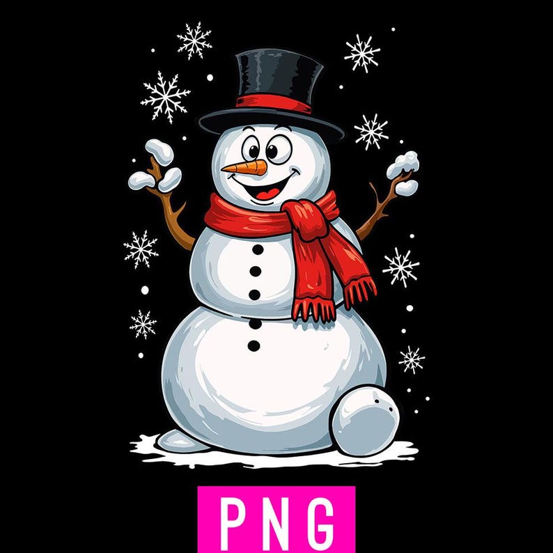 Puede incluir: Ilustraci&oacute;n de un mu&ntilde;eco de nieve de dibujos animados sobre un fondo negro. El mu&ntilde;eco de nieve lleva un sombrero de copa negro con una banda roja, una bufanda roja y tiene una nariz de zanahoria. Los copos de nieve rodean al mu&ntilde;eco de nieve. La palabra "PNG" est&aacute; en la parte inferior.