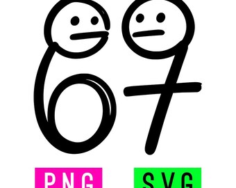 May include: A black line drawing of the number 67 where the digits are stylized as two stick figures with circular heads and straight line mouths. Below the number, a pink rectangle contains the white text PNG and a green rectangle contains the white text SVG.