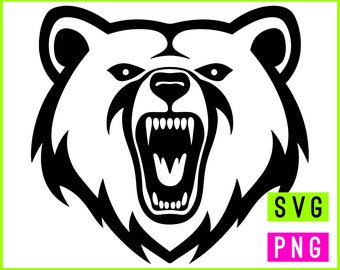 May include: Black and white illustration of a bear's head with an open mouth showing sharp teeth. The bear's head is facing forward with a fierce expression.