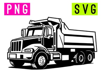 May include: A black and white illustration of a dump truck. The truck has a large cab and a long bed. The truck is facing to the right.