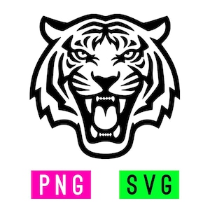 Puede incluir: Una ilustración gráfica en blanco y negro de una cabeza de tigre con la boca abierta mostrando los dientes. Debajo de la cabeza de tigre hay dos etiquetas rectangulares, una rosa con el texto blanco PNG y una verde con el texto blanco SVG.
