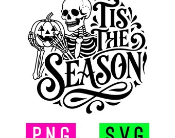 Tis The Season Skeleton Holding Pumpkin (black/white) PNG + SVG | ArtPush