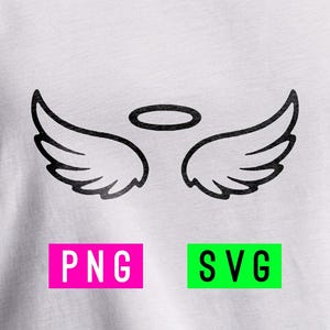 May include: Black line art of angel wings and a halo on a white background. Below the wings are the words "PNG" in a pink rectangle and "SVG" in a green rectangle.