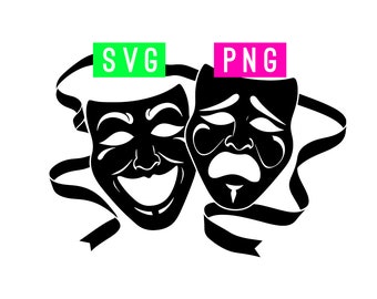 May include: Black and white silhouette of two theatrical masks, one smiling and one frowning, with the words "SVG" and "PNG" above them.