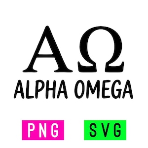 May include: Black Alpha and Omega symbols with the words ALPHA OMEGA in a handwritten font. Below are two colored rectangles, one pink with "PNG" and one green with "SVG".