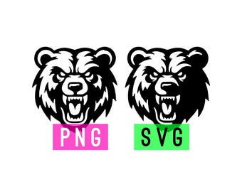 May include: Black and white illustration of a bear's head with a fierce expression. The bear's mouth is open, showing sharp teeth. The image is labeled "PNG" and "SVG" in the bottom.