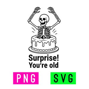 May include: Black and white illustration of a skeleton popping out of a cake. The text reads "Surprise! You're old". Below the text are the words "PNG" in pink and "SVG" in green.