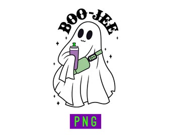 May include: A cartoon ghost illustration with the text "BOO-JEE" above. The ghost is holding a purple and green water bottle and wearing a green fanny pack. The word "PNG" is in a purple rectangle below the ghost.