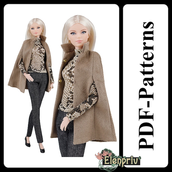 PDF Pattern Cape for 11 1/2 Fashion Royalty FR2 Pivotal, Repro, Made-to-Move, Silkstone Curvy barbie doll (no instructions)