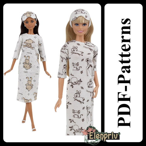 PDF Pattern Nightgown with bandage for sleeping for 11 1/2″ FR2 Pivotal, Repro, Curvy, Made-to-Move, Silkstone barbie doll (no instructions)