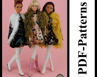 PDF Pattern Fur vest and dress for 11 1/2 Fashion Royalty FR2 Pivotal, Repro, Made-to-Move, Silkstone Curvy barbie doll (no instructions)