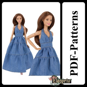 PDF Pattern Beautiful Denim sundress for 11 1/2″ Pivotal, Repro, Curvy, MTM, Silkstone Barbie doll (no instructions)