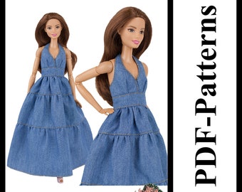 PDF Pattern Beautiful Denim sundress for 11 1/2″ Pivotal, Repro, Curvy, MTM, Silkstone Barbie doll (no instructions)