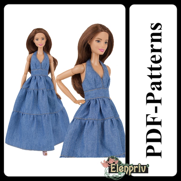 PDF Pattern Beautiful Denim sundress for 11 1/2″ Pivotal, Repro, Curvy, MTM, Silkstone Barbie doll (no instructions)