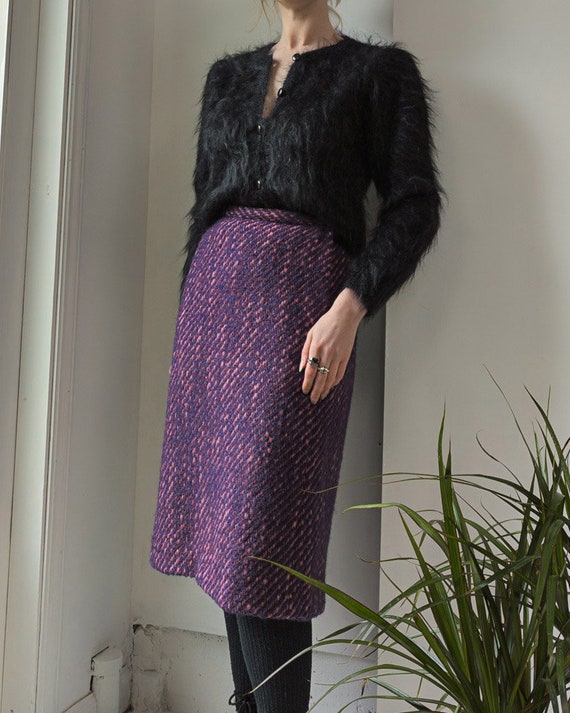 60s Purple Mohair Tweed Pencil Skirt / 28" Waist