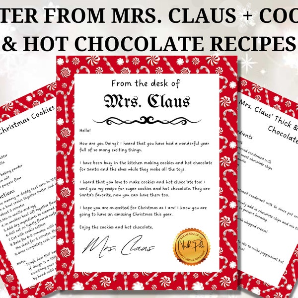 Letter From Mrs Claus, A4 size, Sugar Cookie Recipe, Hot Chocolate Recipe, North Pole Mail, Christmas Recipes, Christmas Cookie Recipe, A4