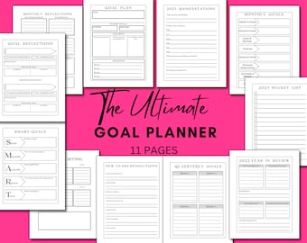 May include: A collection of 11-page goal planner templates with a pink background. The planner includes sections for monthly reflections, goal setting, and yearly reviews. The title "The Ultimate Goal Planner" is displayed in a stylish font.