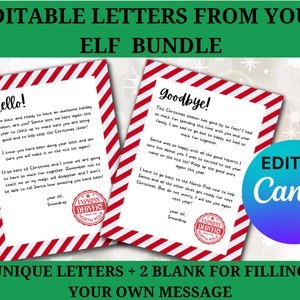 Pode incluir: Um conjunto de 12 cartas únicas de um duende imprimíveis, mais 2 modelos em branco para escrever a sua própria mensagem. As cartas são desenhadas com uma borda de listras vermelhas e brancas de bastão de caramelo e apresentam o texto "Olá!" e "Adeus!" As cartas são editáveis no Canva.