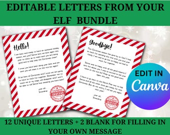 Op de afbeelding: Een printbare set van 12 unieke brieven van een elf, plus 2 lege sjablonen om je eigen bericht te schrijven. De brieven zijn ontworpen met een rode en witte candy cane streeprand en bevatten de tekst "Hello!" en "Goodbye!" De brieven zijn bewerkbaar in Canva.