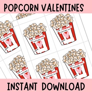 Puede incluir: Tarjetas de San Valentín imprimibles con palomitas de maíz en recipientes a rayas rojas y blancas con el texto "Have a Poppin' Valentines Day" y "From:".