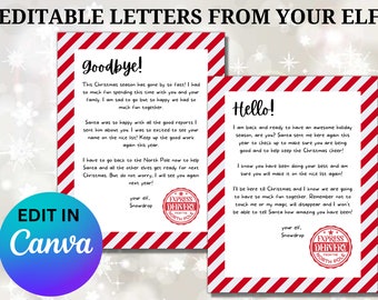 May include: Two printable letters from an elf to a child. The letters are on a white background with red and white stripes. The first letter says "Goodbye!" and the second letter says "Hello!" Both letters have a red and white striped border and a red and white striped stamp that says "Express Delivery from the North Pole".