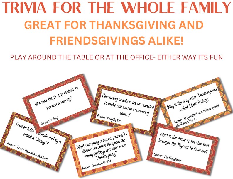 Thanksgiving Trivia Card Game, Thanksgiving Dinner, Friendsgiving Game, Thanksgiving Quiz, Office Party Game, Thanksgiving Entertainment image 2