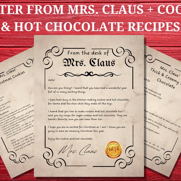 Vintage Letter From Mrs Claus, A4 Size, Sugar Cookie Recipe, Hot Choco Recipe, North Pole Mail, Christmas Recipe, Christmas Cookie Recipe