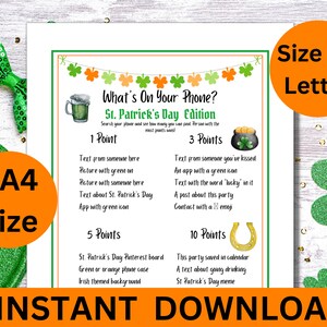 What&#39;s on Your Phone St Patricks Day Edition, St Pattys Whats on Your Phone, St Patricks Day Game,  Phone Scavenger Hunt, Printable, A4