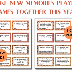 May include: A printable set of 8 Thanksgiving trivia cards, each measuring 3.3 inches by 2 inches. The cards feature a colorful design with a geometric pattern and are printed on white cardstock. The cards are designed to help people learn fun facts about Thanksgiving.