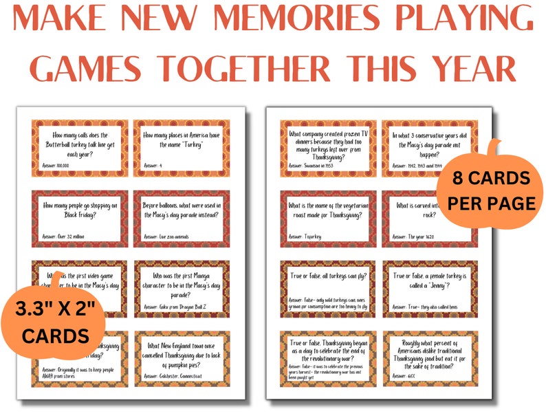 May include: A printable set of 8 Thanksgiving trivia cards, each measuring 3.3 inches by 2 inches. The cards feature a colorful design with a geometric pattern and are printed on white cardstock. The cards are designed to help people learn fun facts about Thanksgiving.