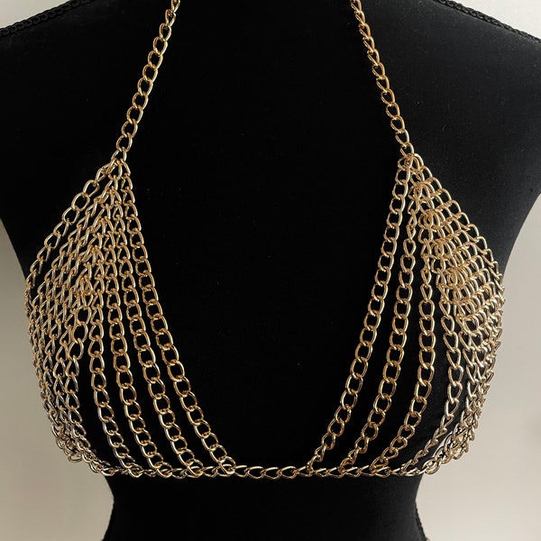 Chain bra - gold, festival rave chain bra, Vegas pool wear, edc, bachelorette party outfit