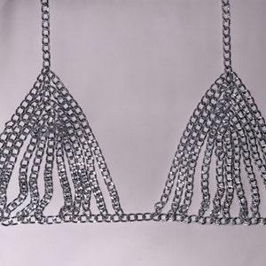 May include: A silver-colored chainmail bra with triangular cups and multiple dangling chains. The bra is made of small, interlocking metal links and has straps that go over the shoulders.