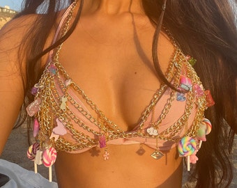 Chain Bra – Bubble Gum Theme, Customized festival rave outfit, candy top, Vegas, Coachella vibes