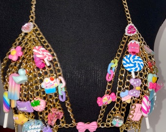Barbie theme Chain Bra, festival top, rave customized candy top, Vegas tops, Coachella outfit