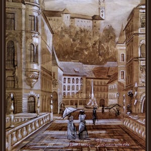 Cartolina originale del centro storico di Lubiana, Slovenia, dal Ponte Triplo, stampata da Vedrina.ART, grafica seppia brillante e opere d'arte moderne, regalo
