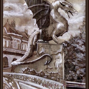 Impression de carte postale Dragon originale à Ljubljana en Slovénie par Vedrina.ART cadeau moderne graphique sépia lumineux et oeuvre d'art