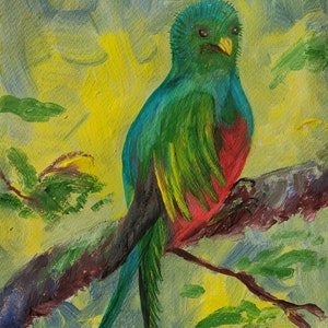 Dipinto acrilico originale personalizzato di un pappagallo esotico di Vedrina.ART, opera d'arte astratta colorata e luminosa, regalo moderno in miniatura fatto a mano per la casa.