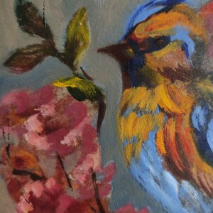 Peinture à l'huile personnalisée originale d'oiseau de jaseur par Vedrina.ART oeuvre d'art abstraite colorée lumineuse à accrocher à la maison cadeau moderne miniature