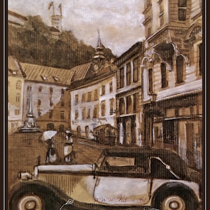 Impression originale de carte postale de voiture rétro du vieux centre de Ljubljana, Slovénie par Vedrina.ART, cadeau moderne graphique sépia lumineux et oeuvre d'art