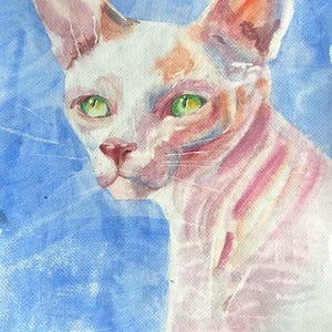 Acquerello originale su carta raffigurante un gatto Sphynx rosa, dipinto da Vedrina.ART, un'opera d'arte astratta, luminosa e colorata, da appendere alla casa, un regalo moderno.