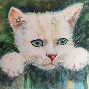 Originale dipinto ad acquerello su carta "Gatto bianco sulla staccionata" di Vedrina.ART, opera d'arte moderna, luminosa e colorata, da appendere alla casa, in miniatura.