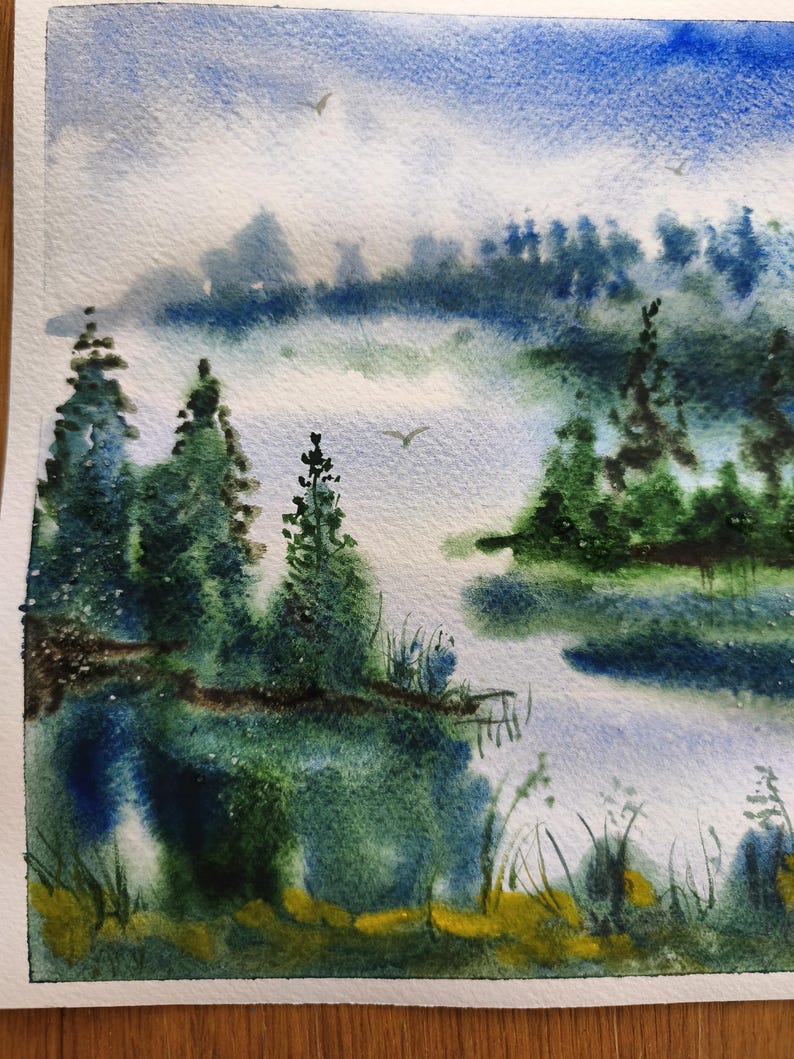 Original Watercolor Misty Lake Landscape — Forest Nature Painting - Etsy